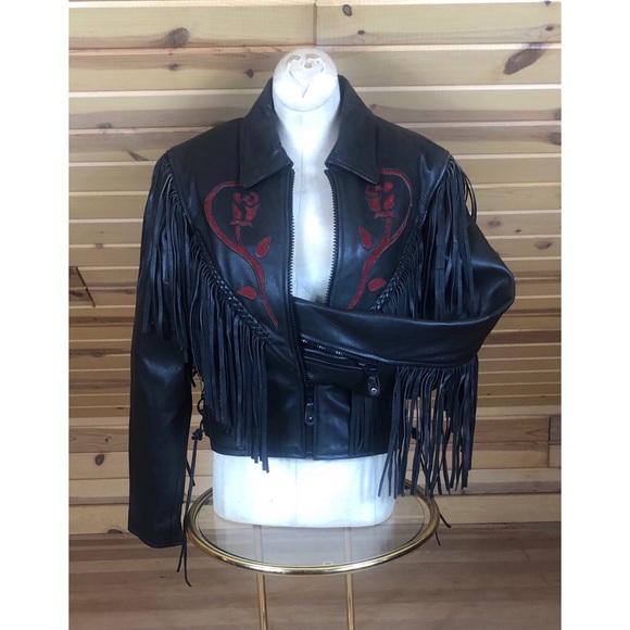 Vintage Echtes Leder Leather Moto Fringe Jacket w/ Red Roses Sz Small - Picture 1 of 7